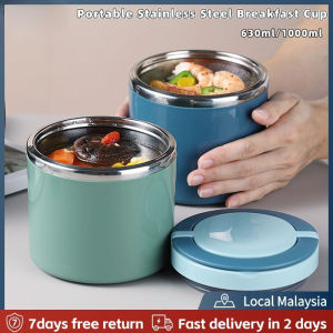 [Local delivery] 630ML Portable Stainless Steel Breakfast Cup Soup Bowl Thermos Storage Box Sealed Bento Box with Handle Rice Box Glass Cold Storage