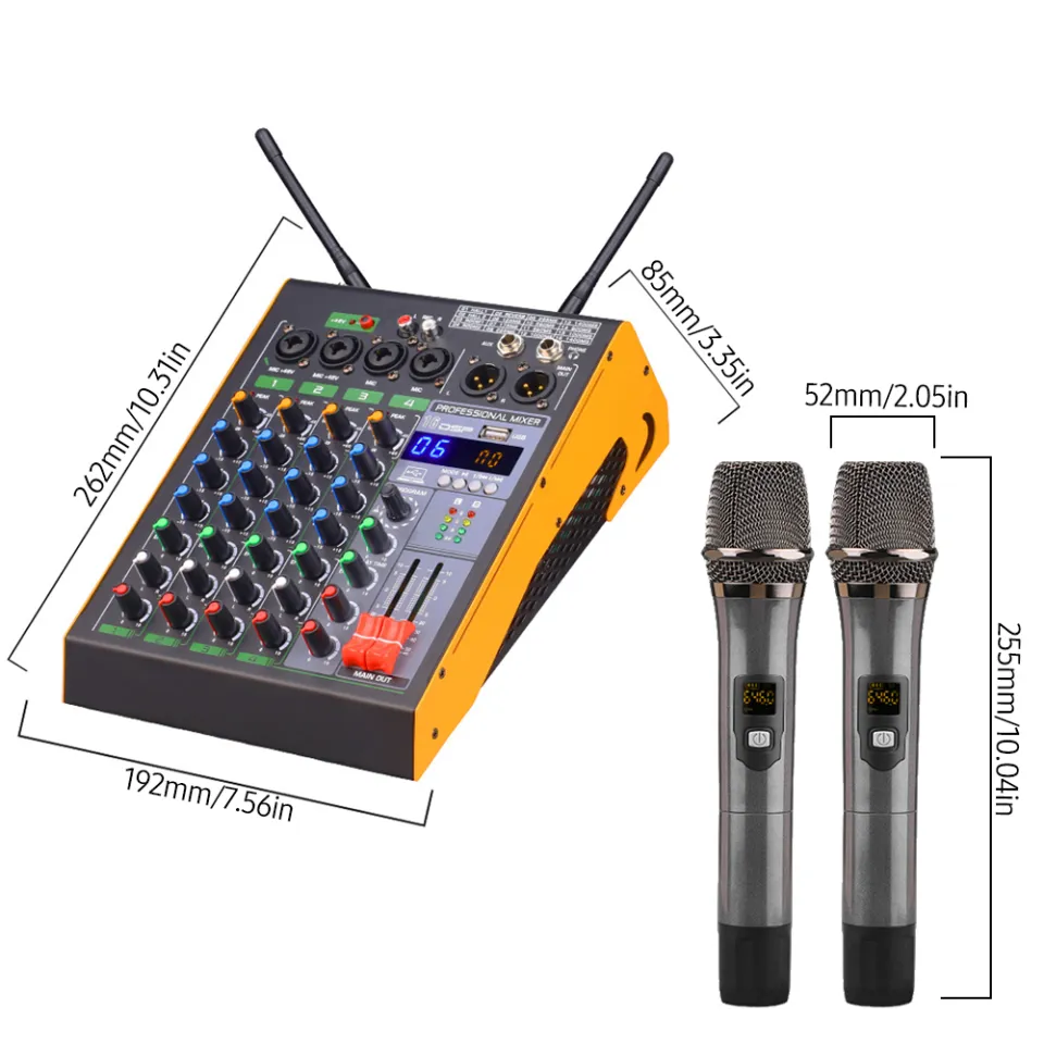 okoogee]4-Channel BT Audio Mixer with Wireless Microphones LED