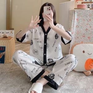 Set dua potong pakaian rumah sutra tipis sutra es lengan panjang