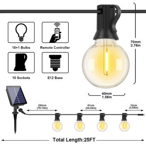 50FT 100FT 24V G40 Solar String Lights Outdoor LED Shatterproof Solar Powered Rechargeable Hanging Light For Pergola Patio Decor
