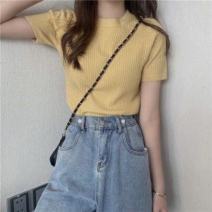 Knitted Tops Blouse Plus Size Womens Korean Style Round Neck Short Sleeve Shirt