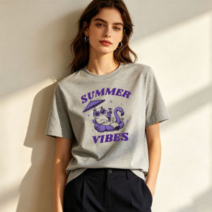 [Local Stock] HBESTY  Summer Vibes Purple Cat Flamingo Swim Ring Umbrella Women Cotton T Shirt Tropical Cartoon Animal Holiday Travel Daily Top
