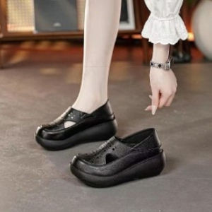 [Free Shipping] Summer Genuine Leather Hollow-Out Wedge Heel Platform Shoes For Women Breathable With A Perforated Toe Design Comfortable For Middle-Aged And Elderly Wearers