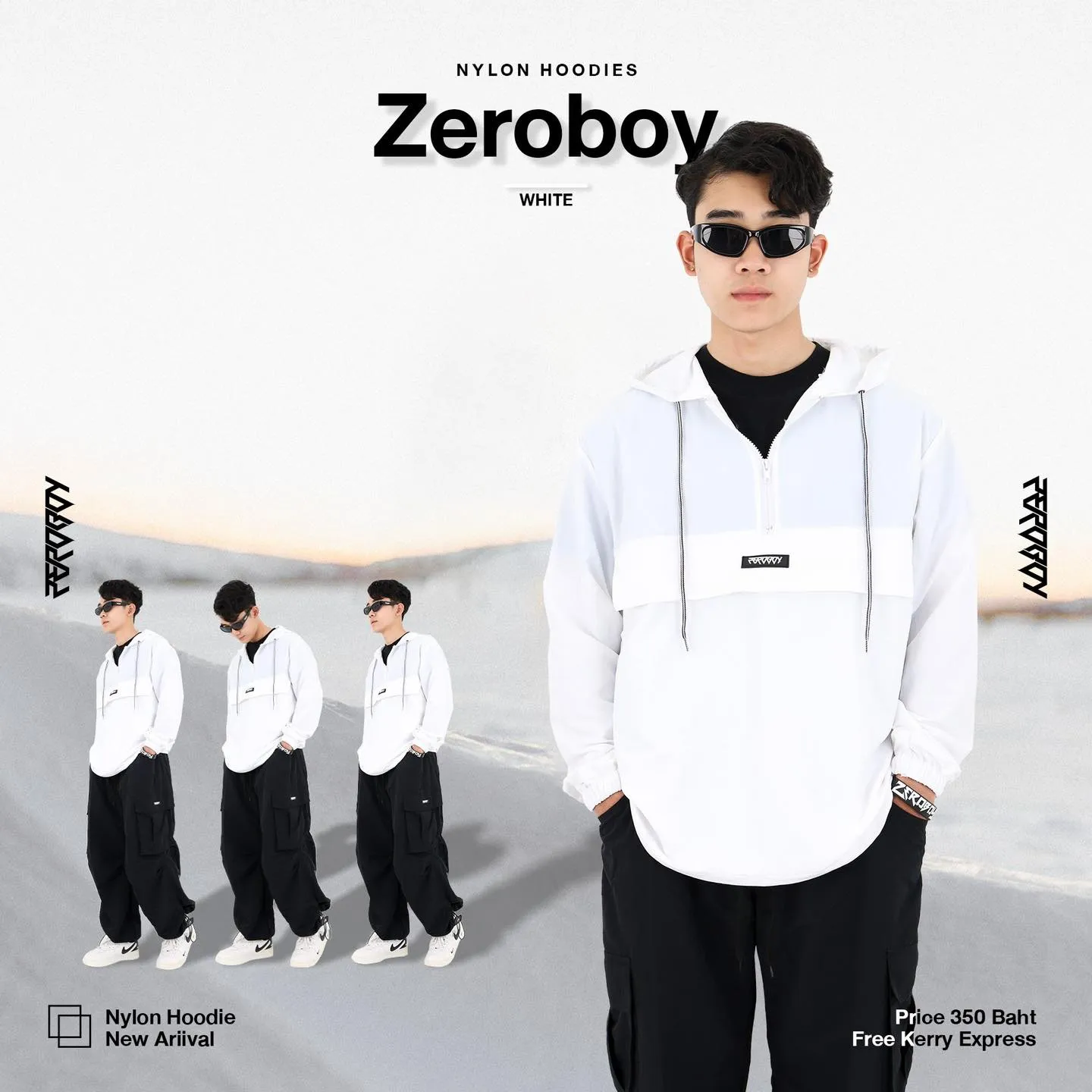 ZEROBOY - NYLON HOODIES “ รุ่น 5 สี สีขาว สีครีม สีเทา สีกรม สีดำ