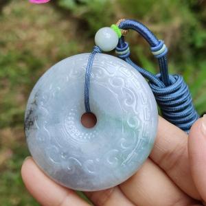 Hugh Natural Type A Jadeite Pendant Crafted as Dounut with beautiful archaize style with floating green and some wuji with Purple Hue QIC Labs approved cert weigh 71.13 grams 54.3 * 54.3 * 12.2 mm symbols of Everything is going well (pendant64)