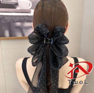 TWOL SHOP Stock no.256,1pcs Mesh Silky Ribbon Bow Hairclip Women Back Head Hair Clamp HairAccessories