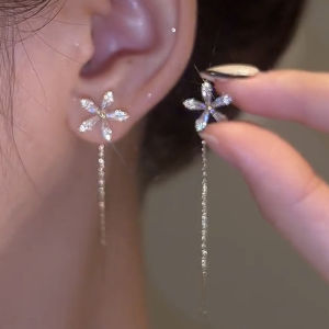 Gold Planted Flower Earring Earwire Contracted Sweet Sophisticated s925银针锆石花朵流苏耳线潮轻奢简约气质养耳洞耳环女