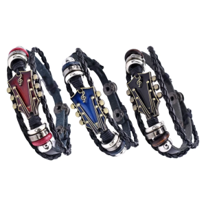 Vintage Inspired Punk Guitar Pendant Wristband Adjustable Hand Woven Leather Bracelet Stylish Music Enthusiast Accessory