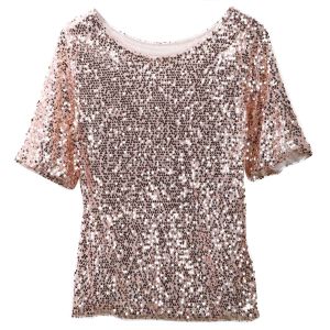 Women Shine Sequin T-Shirts Short Sleeve Spoon Collar Mid-Length Tee Tops Clubwear