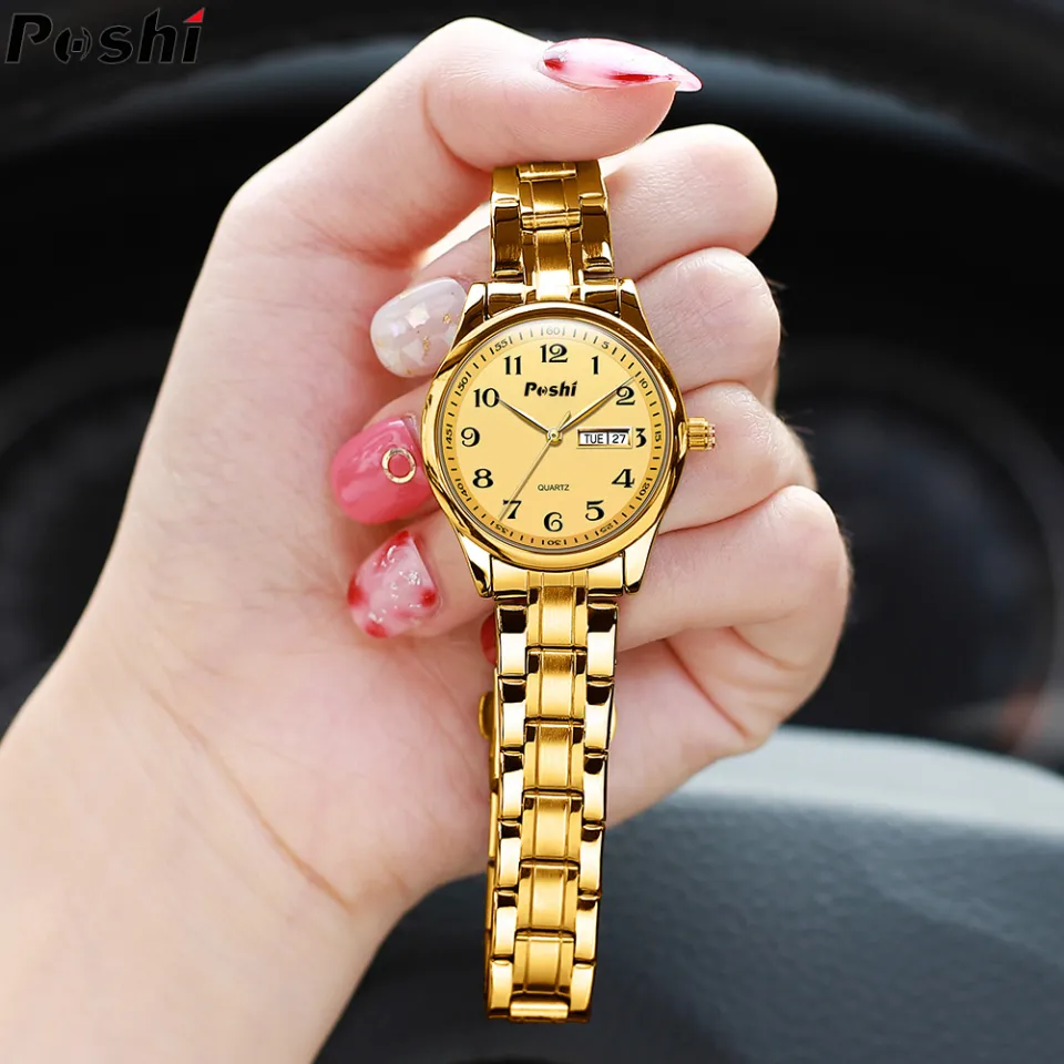 POSHI Original Waterproof Ladies Watch Quartz elegant Two-Tone Stainless  Steel Strap automatic date Week display watch For Women girls