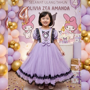 FREE BANDO & ACSESORIES KUROMI Baju Dress kuromi anak perempuan import viral tiktok bahan katun silk premium mix tutu mutiara usia 3 - 8 tahun baju dress barbie anak perempuan - COD