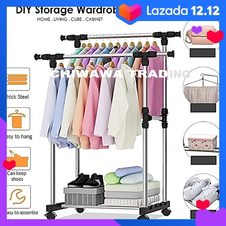 DIY Double Clothes Hanging Steel Rack Cloth Shoe Wardrobe Closet Storage  Organizer Drying Shelf Mulig Rak Penyidai Baju Lazada