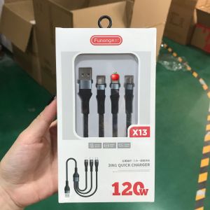 120W สายชาร์จเร็ว 3-in-1 ใช้งานร่วมกับ Apple OPPO หัวเว่ย vivo สายชาร์จเร็วสำหรับศัพท์ Xiaomi
