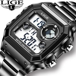LIGE Fashion Digital Watch for Men Stainless Steel Strap Waterproof Luminous Man Wrist Watch
