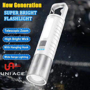 UNI ACE New Style Flashlight 3000LM with Side Light  Strong Light with Hook Zoomable COB Light Waterproof Type-C 3 Modes Outdoor Portable Work Light Ultra-long Battery Life Flashlight