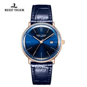 (OFFICIAL 3 Yrs WARRANTY) Reef Tiger/RT Top Band Luxury Dress Watch for Men Rose Gold Automatic Watches Brown Leather Strap RGA8215