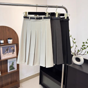COD gray suit medium and long pleated skirt womens college style high waist and thin hip cover five-point skirt with belt 96742026 new product