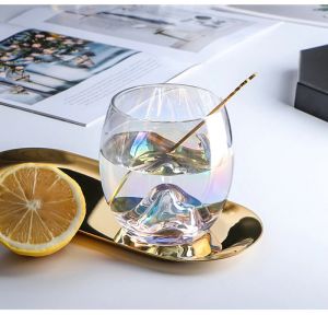 【One Cat Shop】 Creative Nordic Style Egg Shape Iceberg Design Whiskey Glass Cup Heat Resistant Glass Rainbow Color Transparent Tea Cup Home Drinkware 350ml