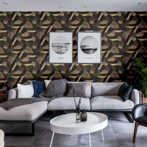 Wallpaper Dinding Motif Panel Geometris Garis Gold Aesthetic 3D Ruang Tamu