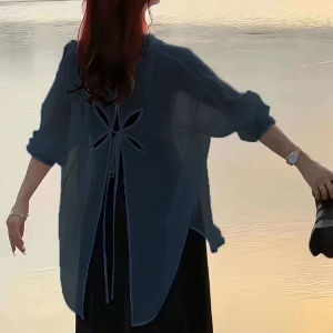 Womens Long Sleeve Temperament Tie Back Hollow Top Long Sleeve Shirt