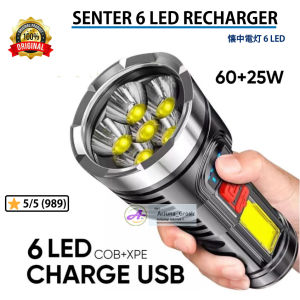 SENTER TANGAN LED 6 MATA  60 + 25 WATT SUPER TERANG SENTER CAS USB