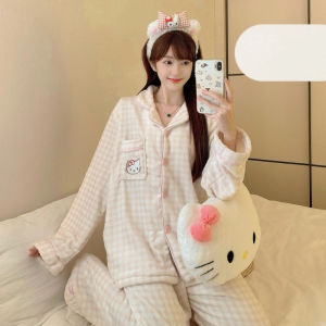 Winter Hello Kitty Plaid Print Pajamas Set Kawaii Cartoon New Pajamas Suit Warm Korean Sweet Y2K Plush Homewear Cute Sleepwear