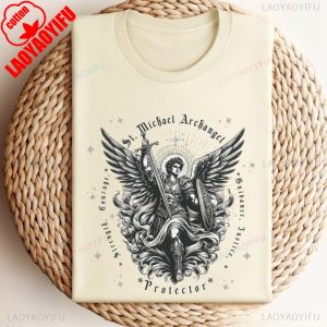St. Michael Archangel Tshirt Catholic Vintage Clip-Art Gifts Shirt Retro Church Clothing Devotional Men Women Cotton Tee Tops