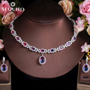 SEQUITO Dazzling Rainbow Oval Gem Pave CZ Charm Flower Choker Necklace and Earrings Set Female Costume Party Fashion Jewelry Sets SJ165