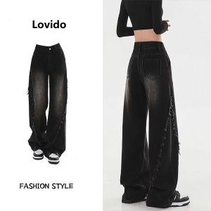 Spliced raw edge wide leg jeans for women American retro hot girl high waist loose straight pants