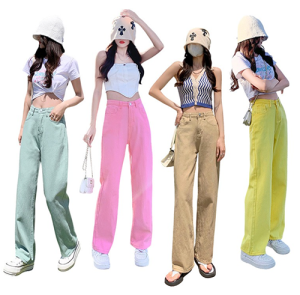 Celana Kaki Lebar Wanita Pinggang Tinggi Menggantungkan Celana Jeans Lurus Tipis Gaya Amerika Warna Solid Celana High Street