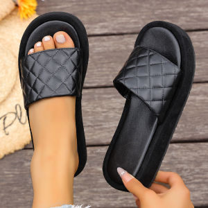 Free Shipping Plus-Size Thick-Soled Slippers For Women New Style Slip-On Plaid Pattern Casual One-Strap Sandals
