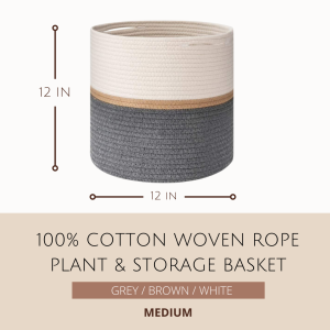 EZ Home Ideas 100% Cotton Woven Rope Plant & Storage Basket. Grey Brown & White. Small & Medium. Perfect for Home Decor Storage & Organizing your things!
