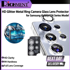 RICHMENT Glitter Camera Lens Protector Ring – Shimmering metallic frame high-definition lens glass full-coverage lens protection strong adhesive bond – High-definition glass lens protector for Samsung Galaxy S26/S26 Plus/ S26 Ultra