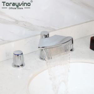 LDIES Torayvino 2 & 3 Pcs Bathroom Faucet Chrome Basin Deck Mounted Waterfall Torneira 1 Handle Hot and Cold Sink Mixer Water Tap Z3B1Q