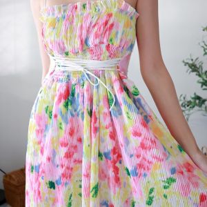 •• N E W I N ••🌺 เดรสสายเดี่ยว ลายดอกอัดพลีทขายาว มีซิปหลัง สม็อคช่วงอกรอบตัว มีซับในเย็บติดตลอด #3118