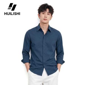 HUILISHI Commuting hidden placket business slim casual shirt mens high-end long-sleeved lapel shirt