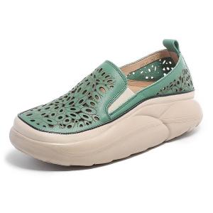 Summer Lightweight Breathable Handmade Leather 4cm Flat Sandals for Womens Casual Hollow Out Sandals