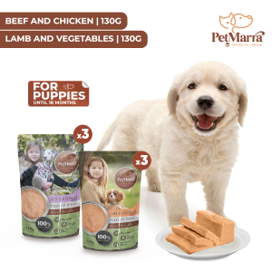 PetMarra Meat Loaf Wet Food Pouch for Puppy up to 18mos Lamb and Veg + PetMarra Loaf Beef and Vegetable 130g BUNDLE OF 6