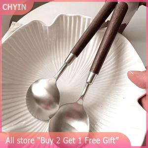 [COD] CHYIN Stainless Steel Soup Spoon Creativity Portable Wood Grain Spoons For Ice Cream Dessert Scoops Tablespoon Kitchen Accessories