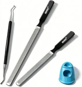 Heavy Duty Metal Toe Nail Files for Thick Nails & Ingrown Lifter-GJHT4 4in1: 7"+5" Stainless Files 6.2" Black Lifter & Thumb Guard Washable Silicone Grip vs Emery Boards for Seniors Thick Nails