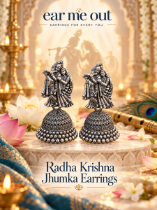 [SG] Radha Krishna Jhumka Earrings | Oxidised Silver-Tone Temple Jhumka | Indian Traditional Earrings | Festive Jewellery | ear me out (EMO-325)