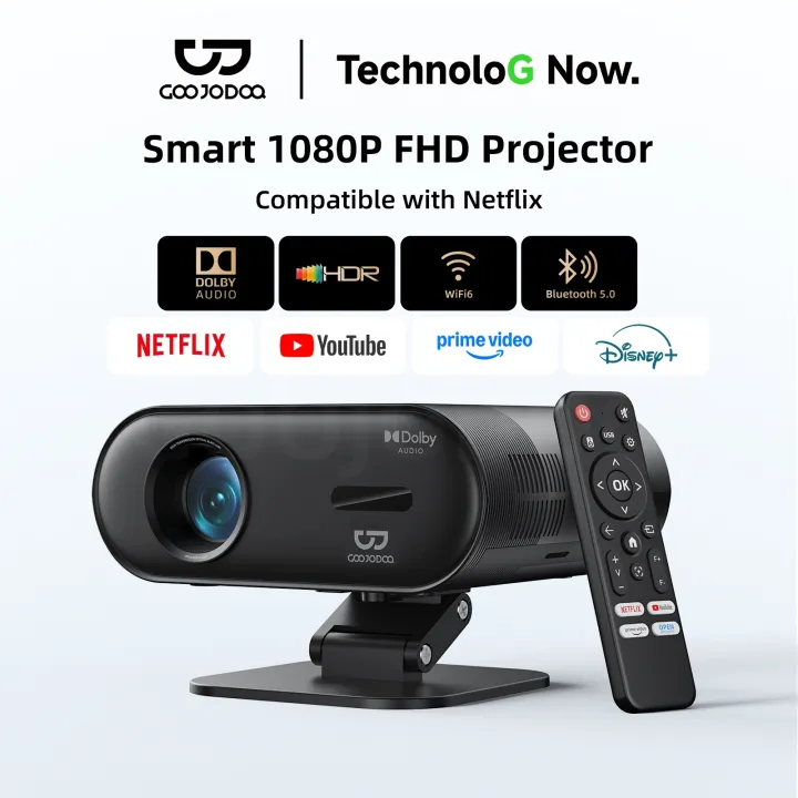 GOOJODOQ native 1080P:300 ANSI lumen brightness projector supports 4K decoding and HDR built-in Netflix streaming media flexible bracket and large screen
