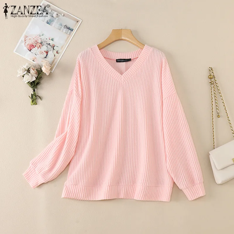Esolo ZANZEA Womens Winter Fashion V Neck Long Sleeve Sweater Casual  Versatile Solid Color Jumpers #0113