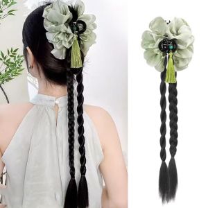 BAIXL Hanfu New Chinese Style Wig Cheongsam Ink Tassel Claw Clip Ponytail Wig Trendy Fluffy Twist Braid Wig for Women