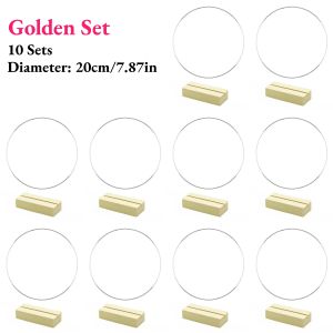 10 Sets Floral Wreath Centerpiece Set with 20-25cm Silvery Metal Ring & Wooden Base Reusable Hoops Wedding Table Decor Garlands