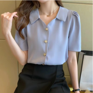 Chiffon Fashion Blouse For Women Loose Plus Size Office Shirt Plain Colors Short Sleeve Top