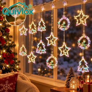 Quivlox LED Christmas String Lights Suction Cup Christmas Window Decor Star & Christmas Tree Ambient Lights Warm Home Decor