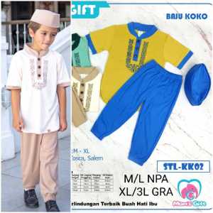 MOMS GIFT STL-KK02 Setelan Baju KOKO Bayi/Anak Laki-Laki Cowok (Baju+Celana+Peci) Baju Muslim Lebaran Eid Collection Size M L
