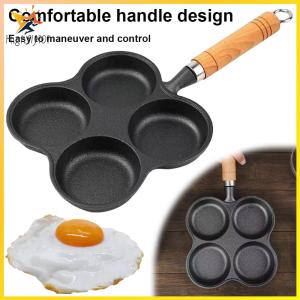 【HOSPORT】4-Hole Egg Burger Ham Pan Wooden Handle Non Stick Egg Pancake Steak Cooking Pan Suitable for Gas Stove Induction Cooker
