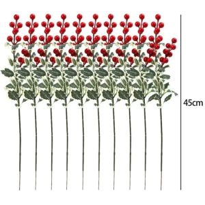 🎄แสงจันทร์🎄20ชิ้นดอกไม้ผลไม้เล็กๆสีแดงกิ่งปลอมก้านเบอร์รี่คริสต์มาสใบฮอลลี่ช่อดอกแบบ DIY เครื่องประดับในร่มบ้าน